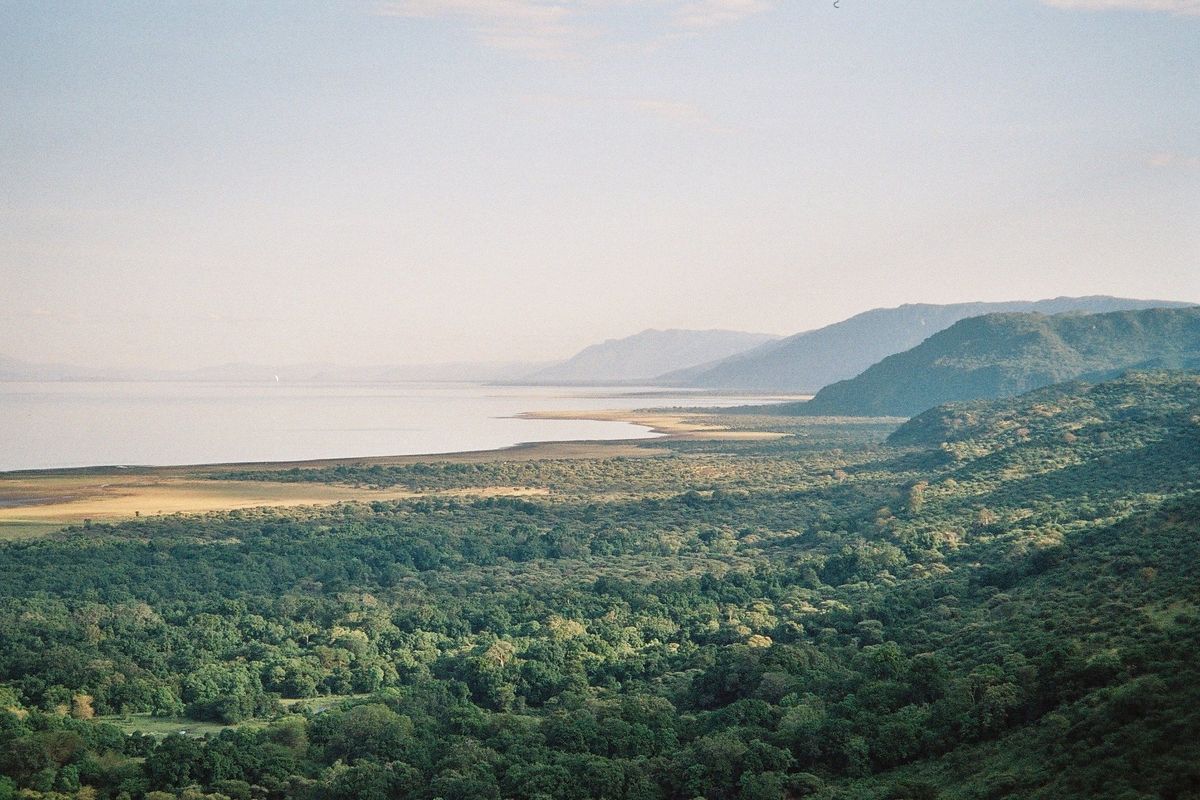 View over the forested Rift Valley escarpment and Lake Manyara
